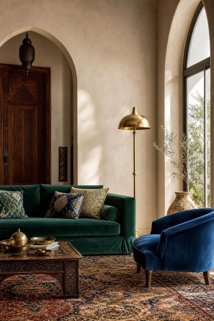 An elegant living room with velvet seating, an ornate wooden table, and arched architectural details.