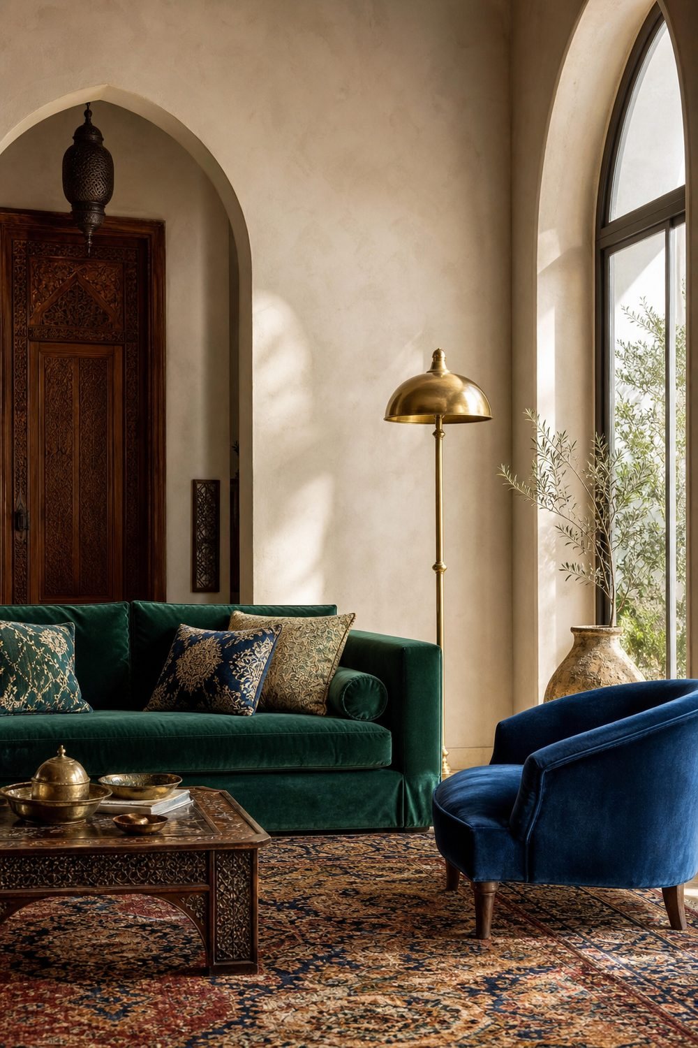 An elegant living room with velvet seating, an ornate wooden table, and arched architectural details.