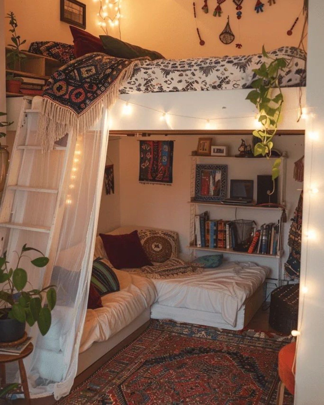 Cozy attic bedroom with a lofted bed, white sofa, bookshelves, and warm string lights.