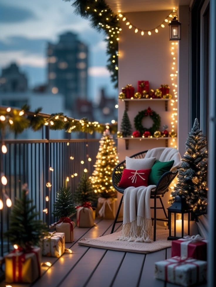 Decorated balcony with glowing string lights, small Christmas trees, and cozy seating at twilight.