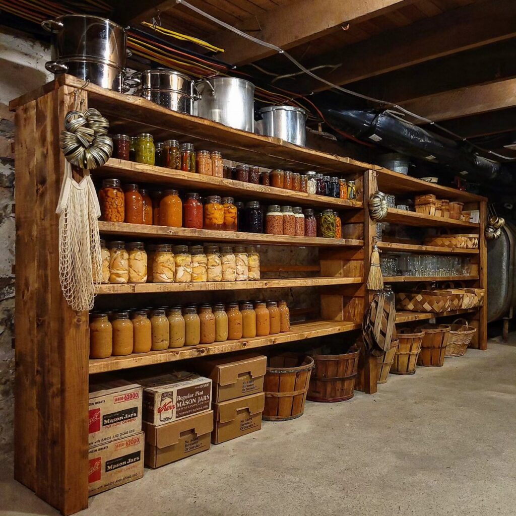 Wooden basement shelves stocked with various glass jars of preserved food and canned goods.