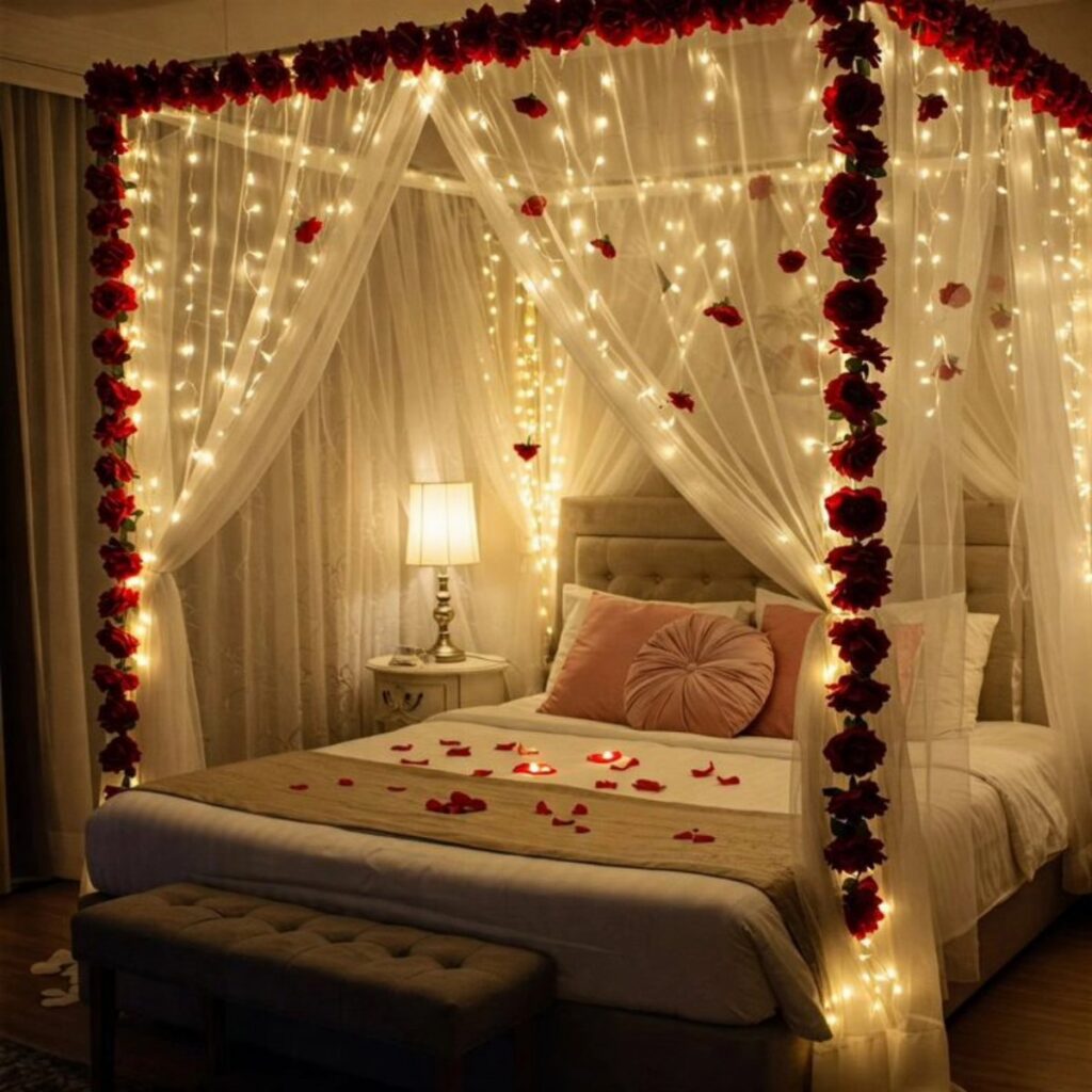 A romantic canopy bed decorated with red roses, fairy lights, and scattered rose petals.