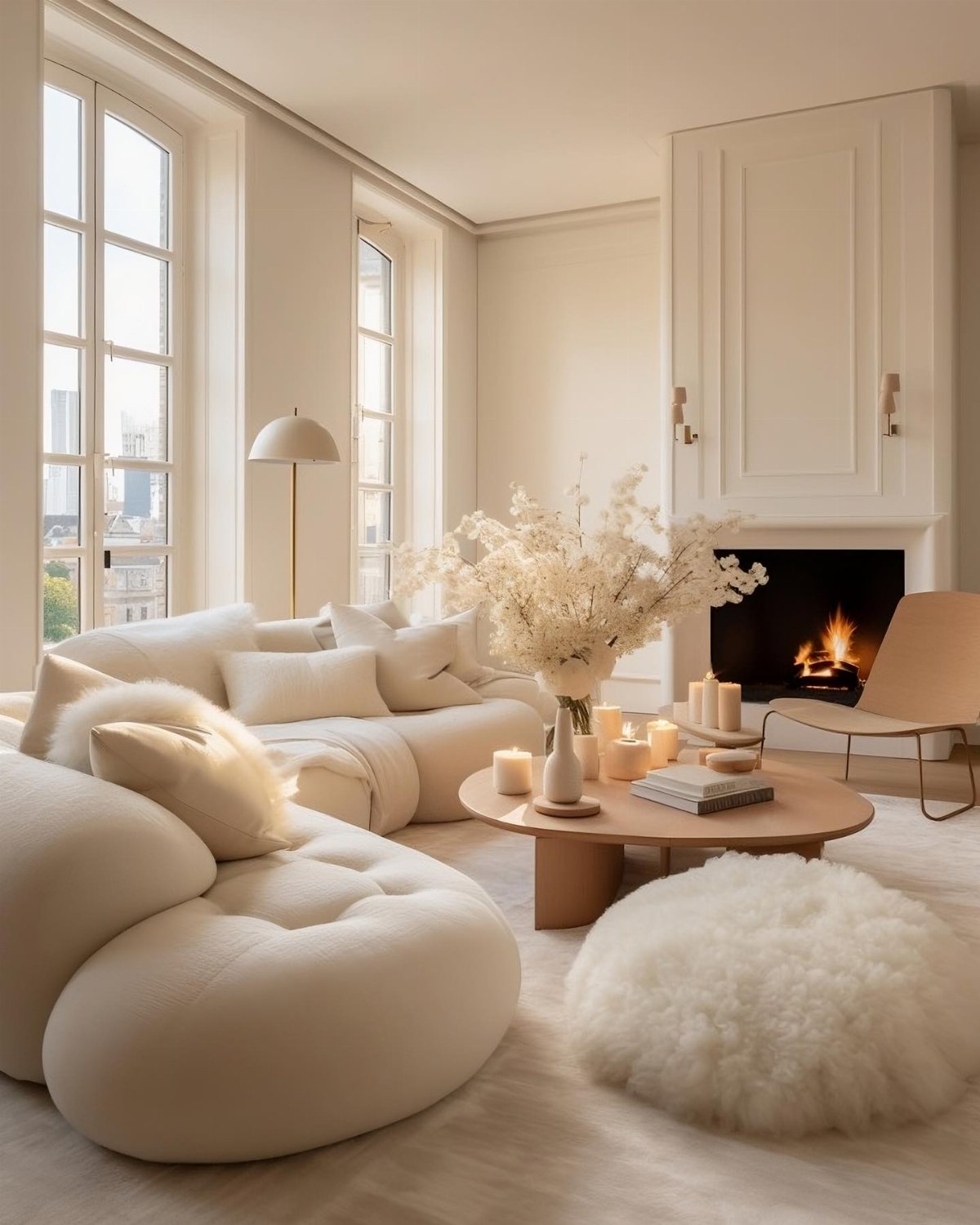 Minimalist beige living room with curved cream sofas, a round coffee table, and a glowing fireplace.