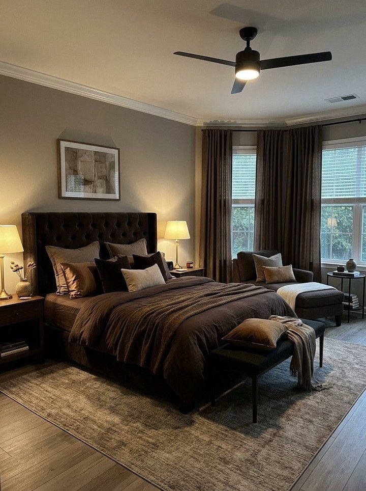 Dark brown bedding and a black tufted headboard in a modern bedroom setting.