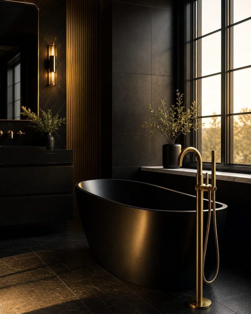 Matte black freestanding bathtub with a tall gold floor-mounted faucet in a dark modern bathroom.