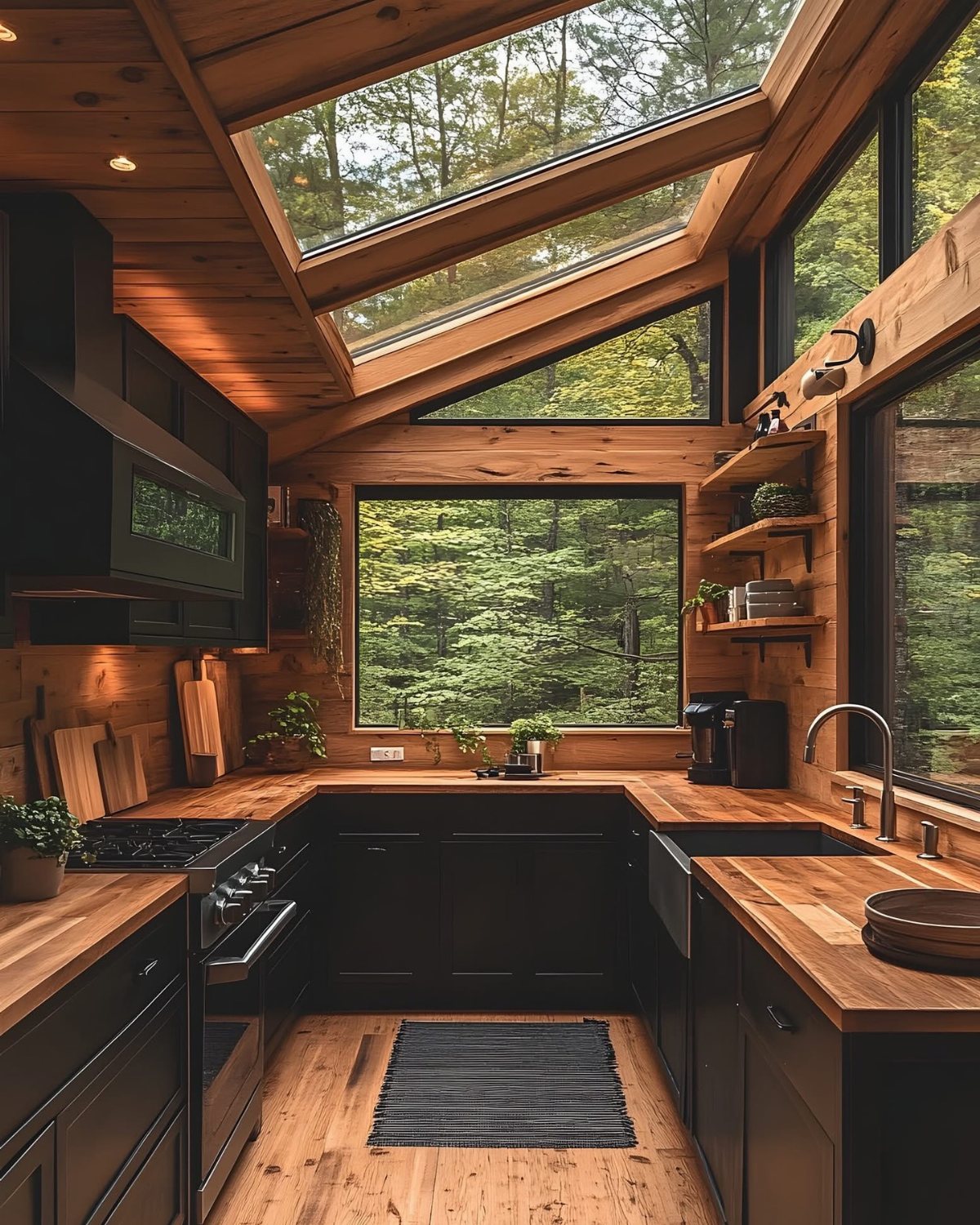 Black kitchen cabinets with wooden countertops in a cabin with large skylights and forest views.