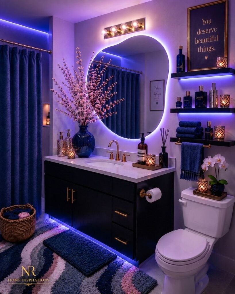Navy blue bathroom vanity with a backlit oval mirror and blue decorative accents.