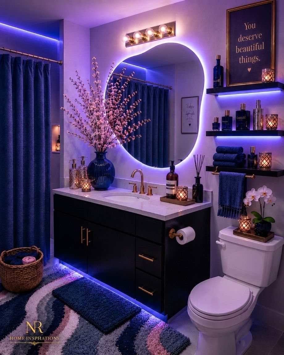 Navy blue bathroom vanity with a backlit oval mirror and blue decorative accents.
