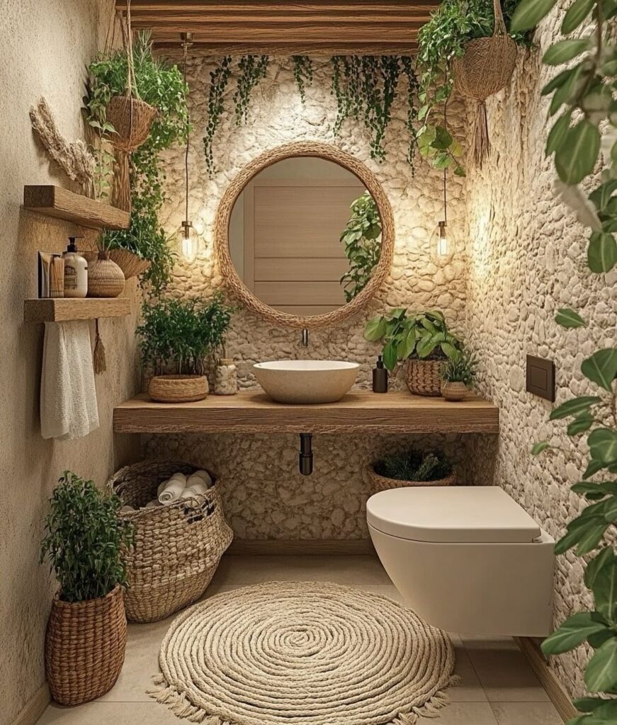 Bohemian bathroom with stone walls, wooden vanity, vessel sink, round mirror, and many green plants.