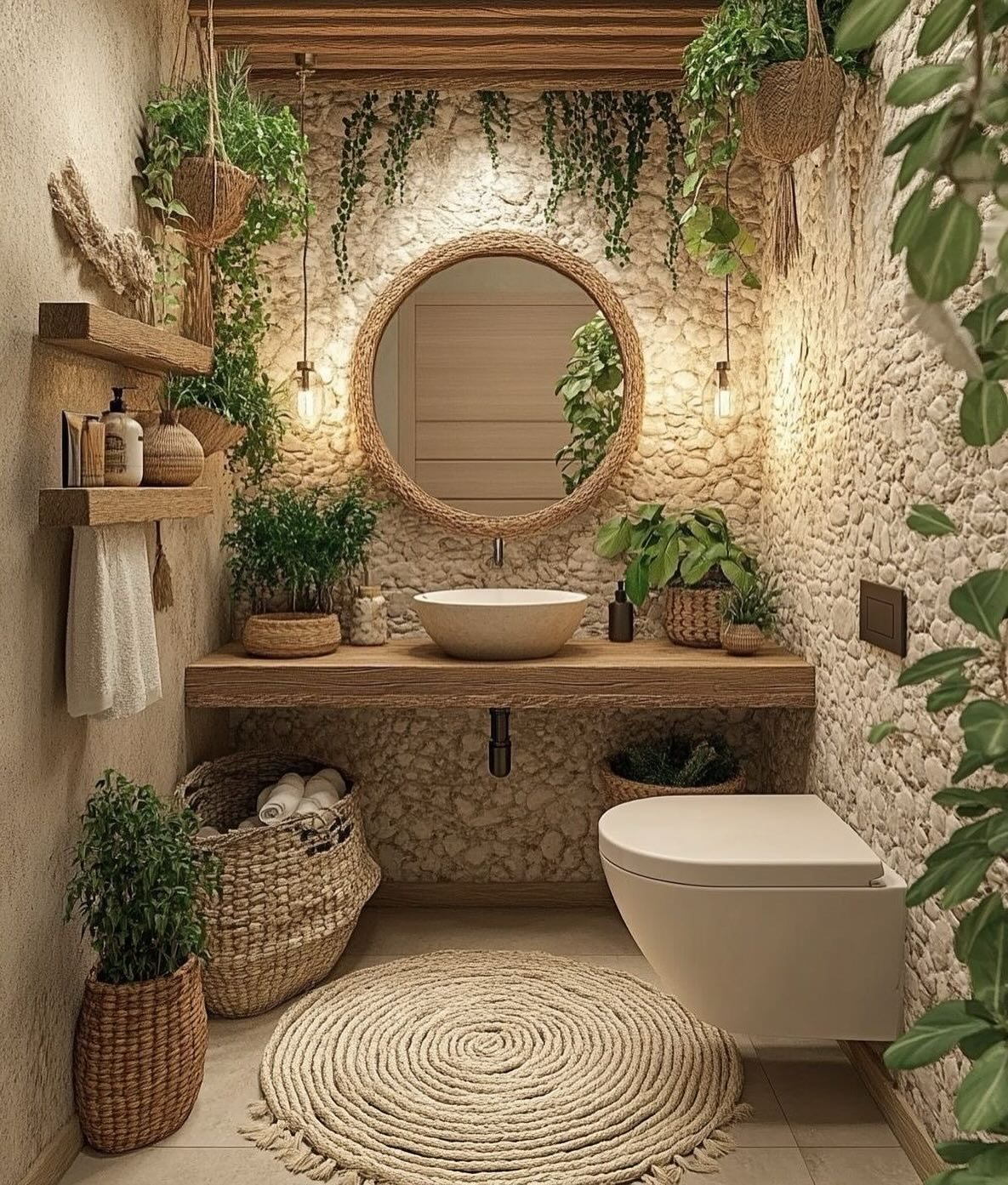 Bohemian bathroom with stone walls, wooden vanity, vessel sink, round mirror, and many green plants.