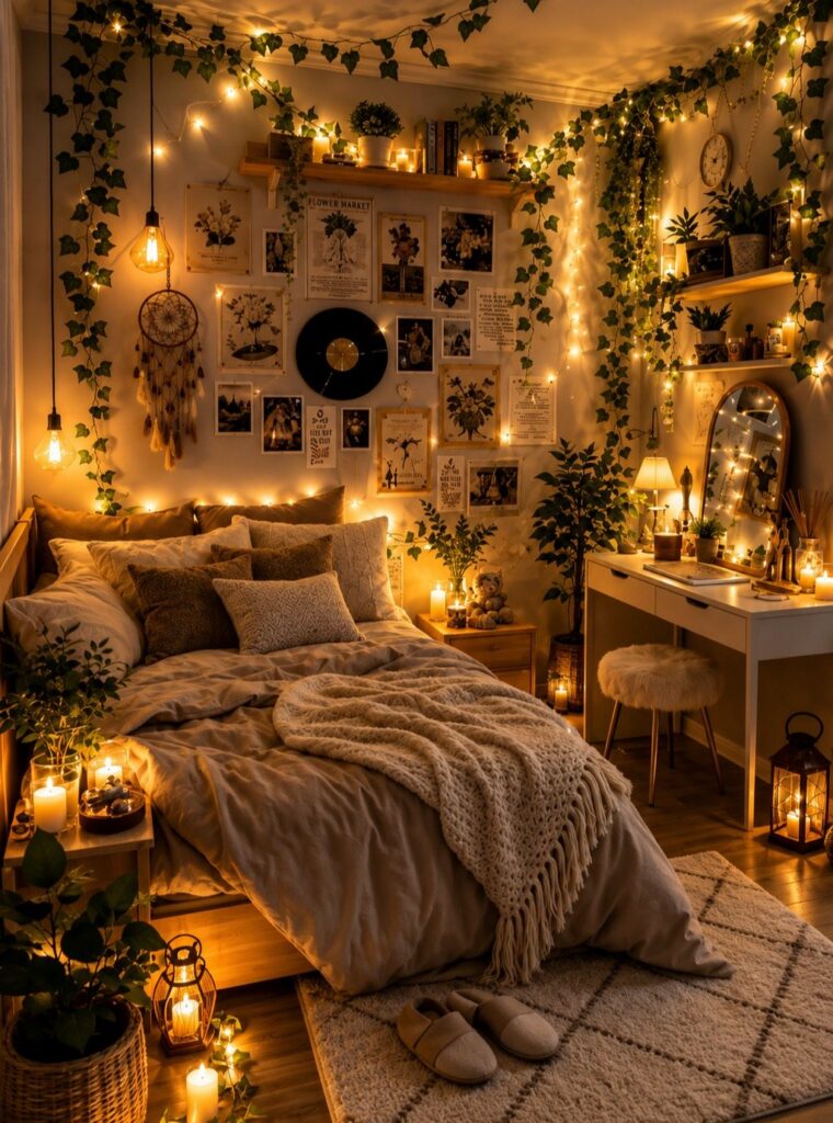 Cozy boho bedroom with fairy lights, hanging vines, and textured neutral bedding.