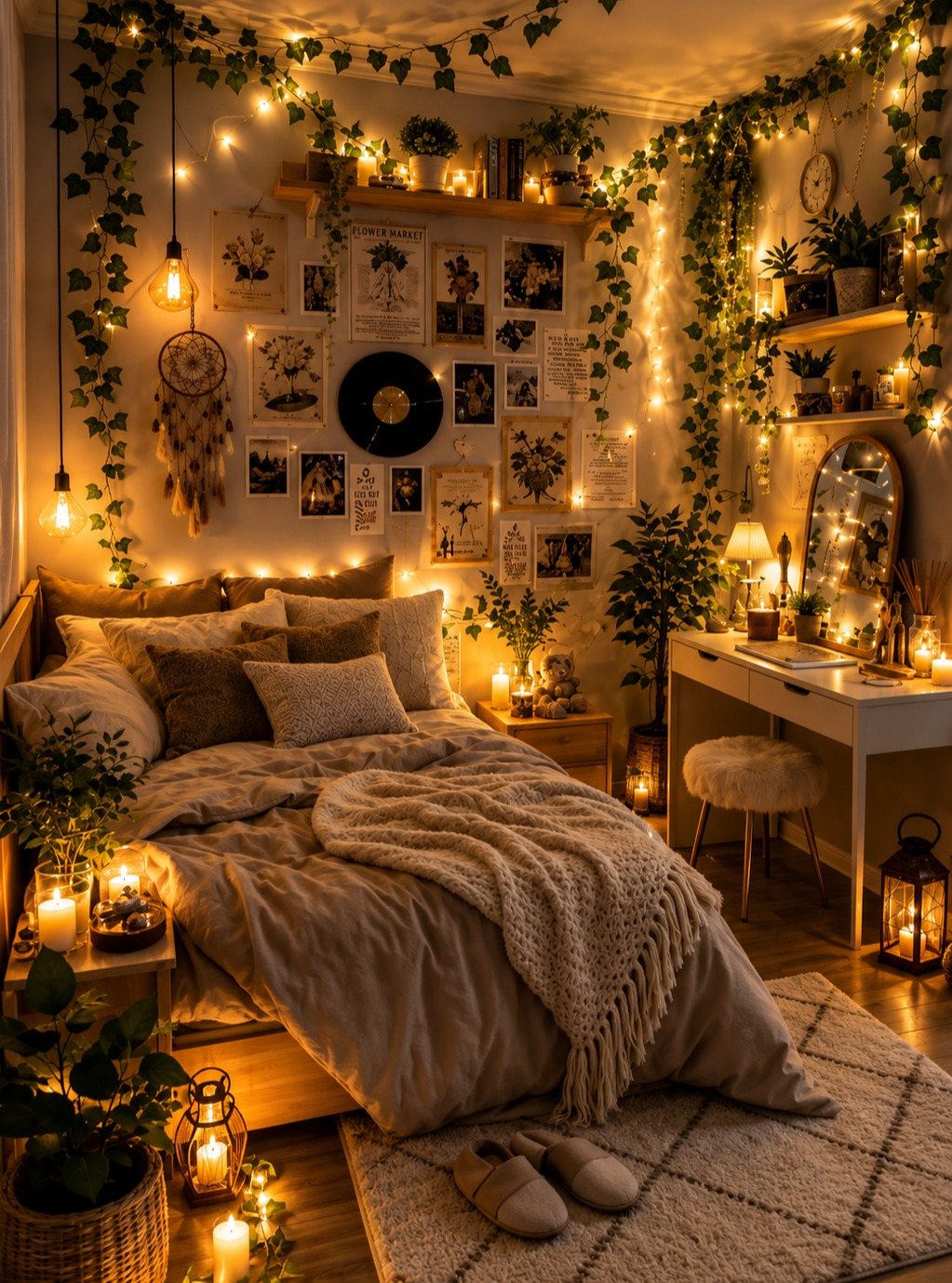 Cozy boho bedroom with fairy lights, hanging vines, and textured neutral bedding.