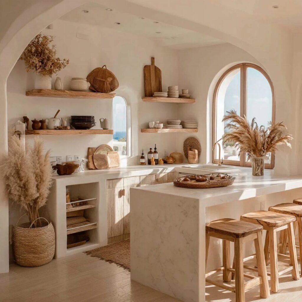 Bohemian kitchen with white arched walls, wooden shelves, pampas grass, and a marble island.