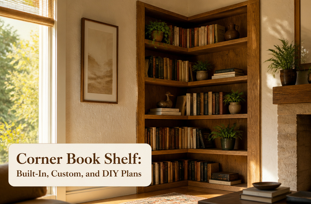 A corner bookcase in a well-decorated room, showcasing books and decor.
