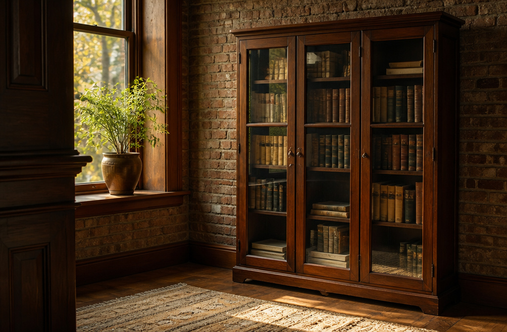 Various bookshelves with doors displayed in a stylish arrangement.