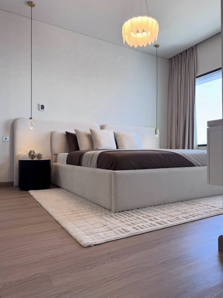 Modern bedroom with a white upholstered bed, brown bedding, and neutral decor on wood floors.