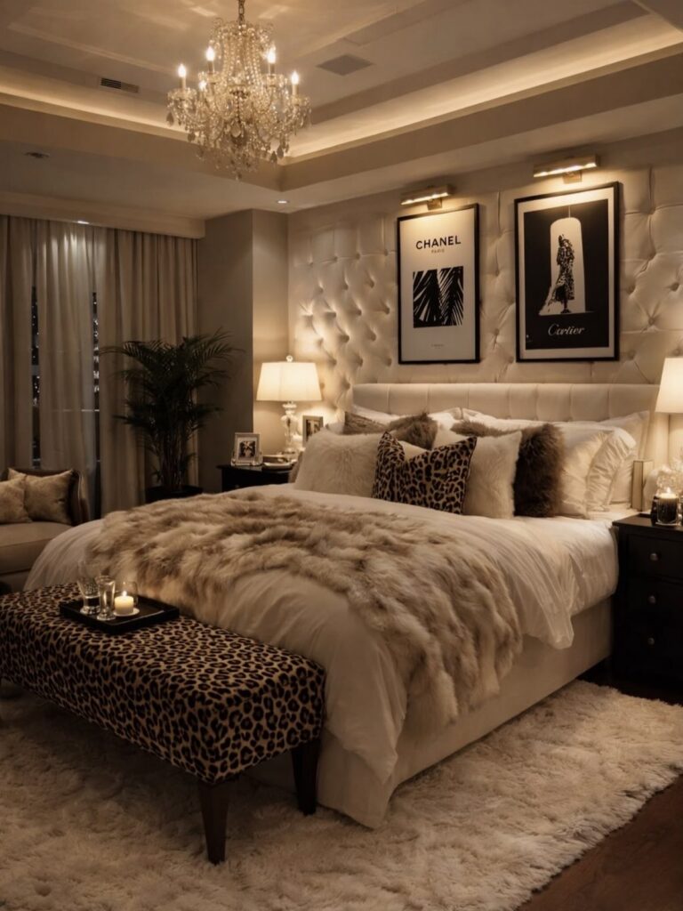 A luxurious bedroom decorated with cheetah print pillows, a matching bench, and a crystal chandelier.