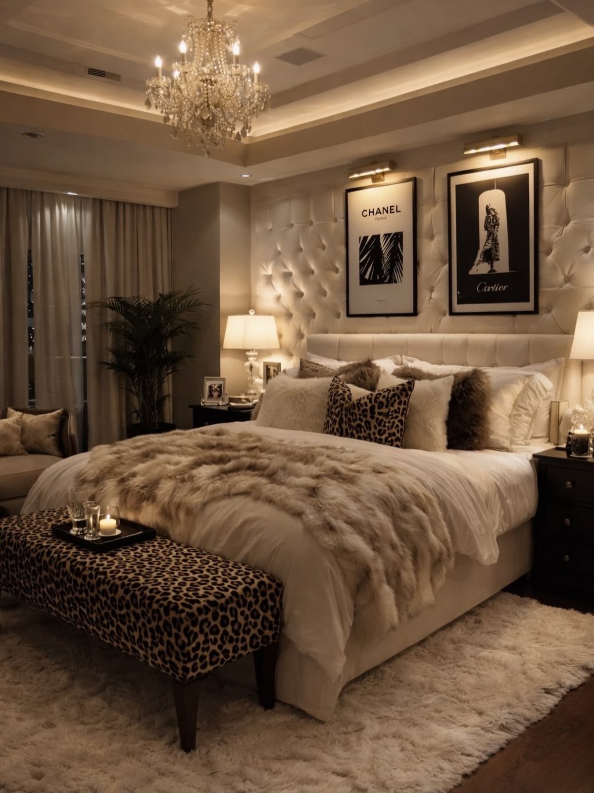 A luxurious bedroom decorated with cheetah print pillows, a matching bench, and a crystal chandelier.