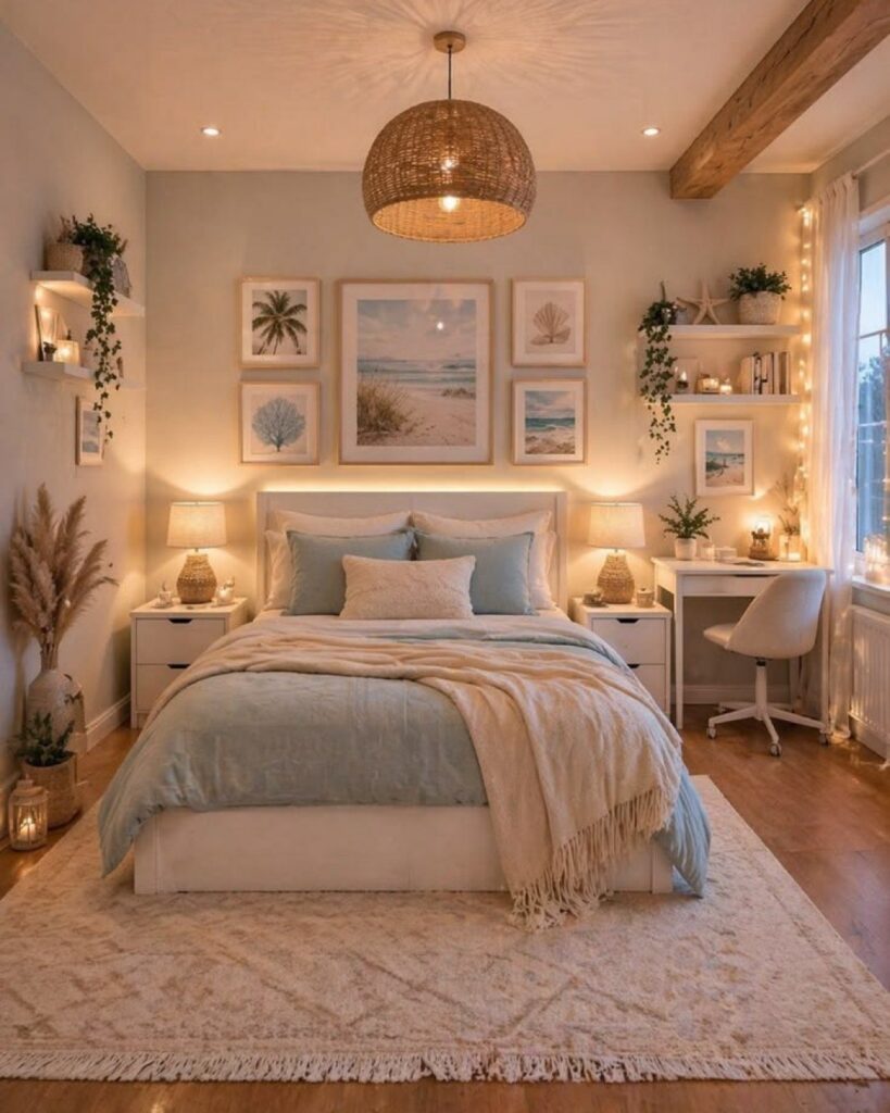 A coastal styled bedroom with blue bedding, beach art, and a woven pendant light.