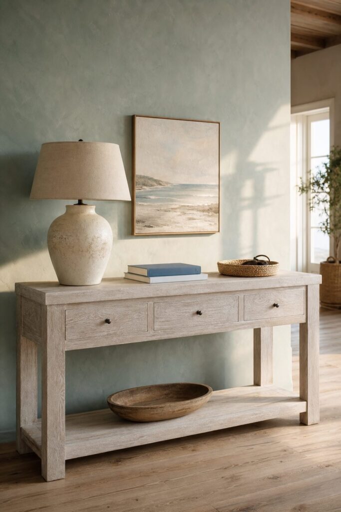 A light wood console table with a ceramic lamp and coastal art against a green wall.