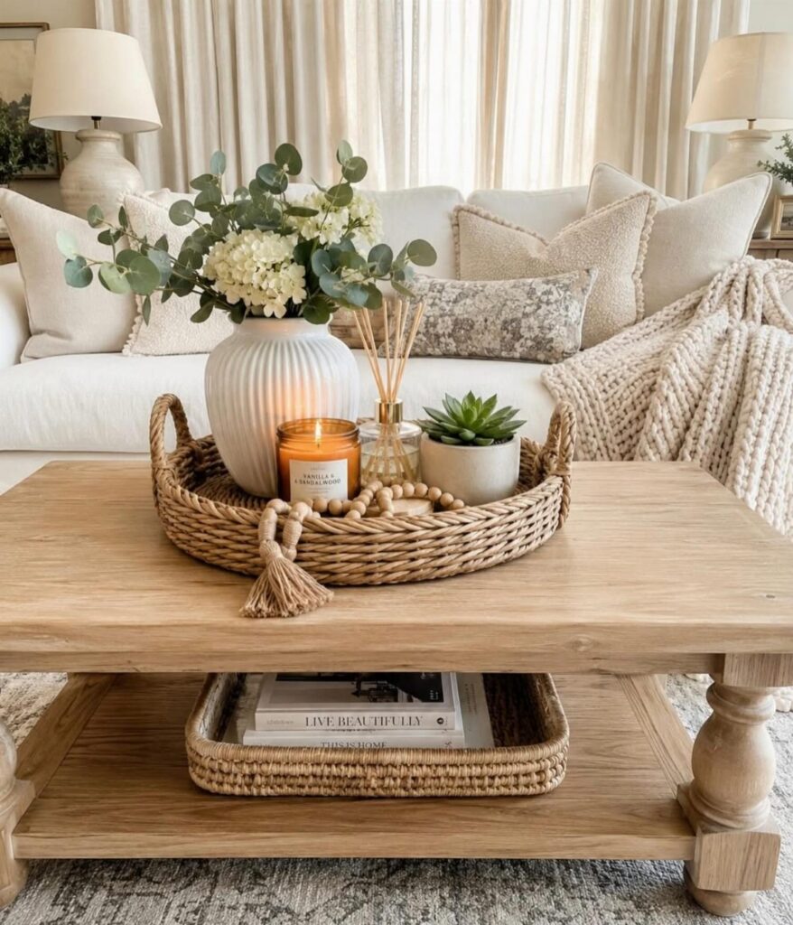 A wooden coffee table styled with a woven tray containing flowers, a candle, and greenery.