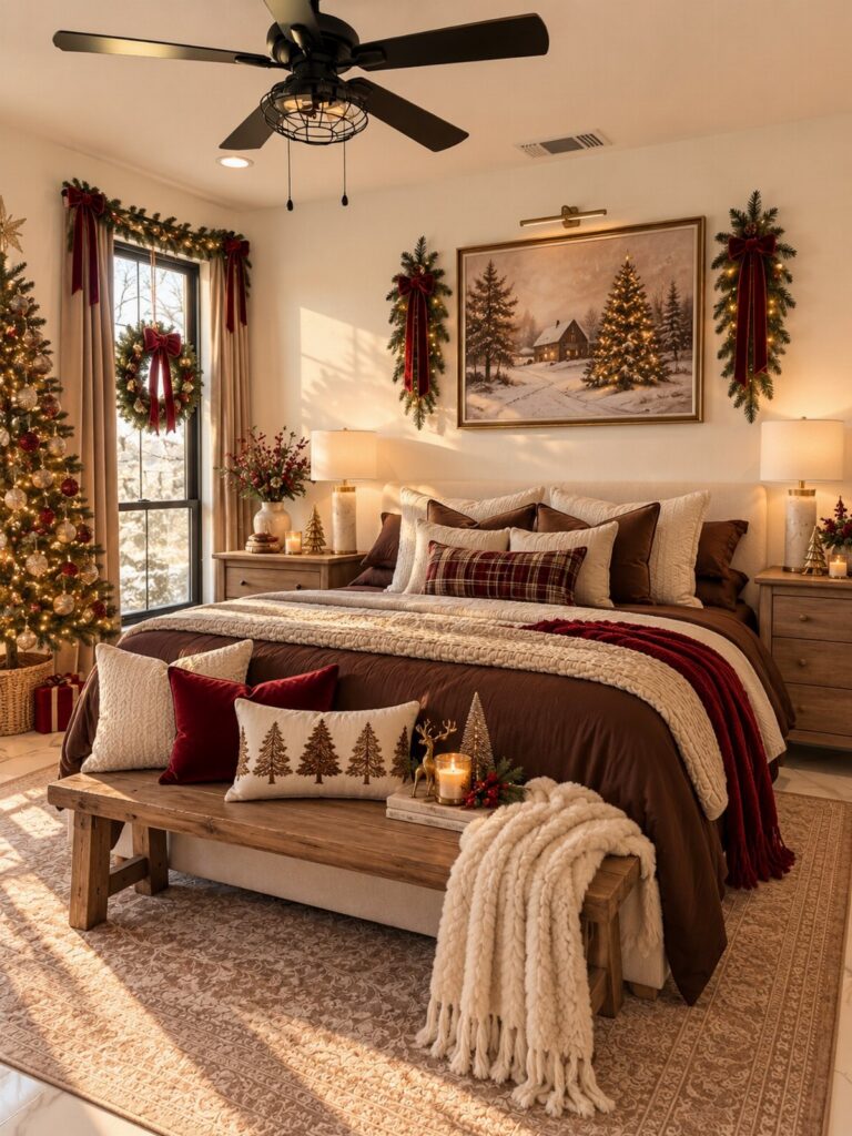 A decorated bedroom featuring a large bed with festive pillows, a Christmas tree, and holiday garlands.