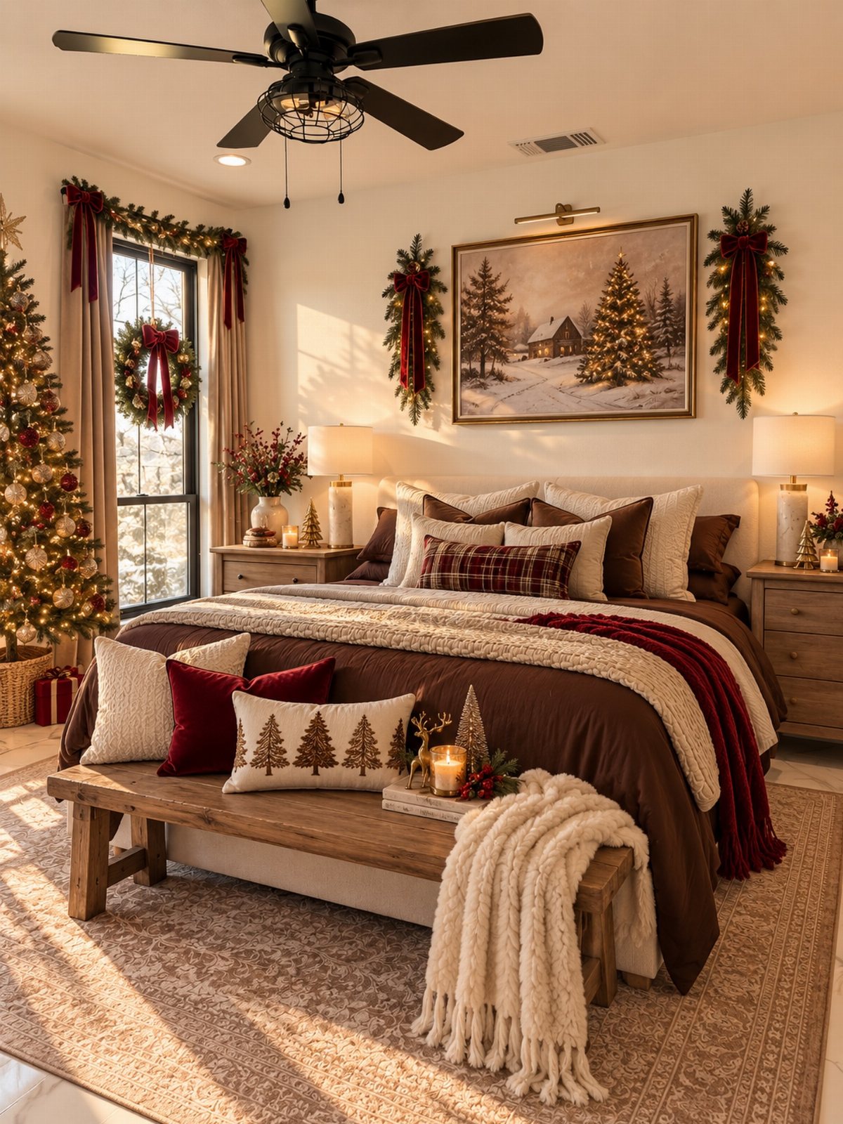 A decorated bedroom featuring a large bed with festive pillows, a Christmas tree, and holiday garlands.