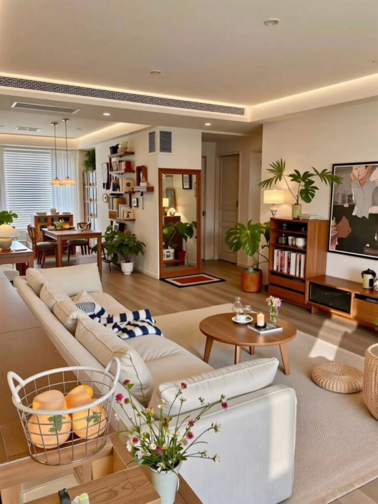 Cream sectional sofa and wooden coffee table in a bright, plant-filled modern living room.