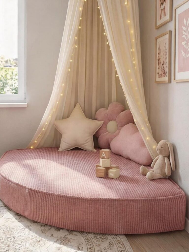 Pink corduroy floor cushion with star pillows and fairy light canopy in a reading nook.