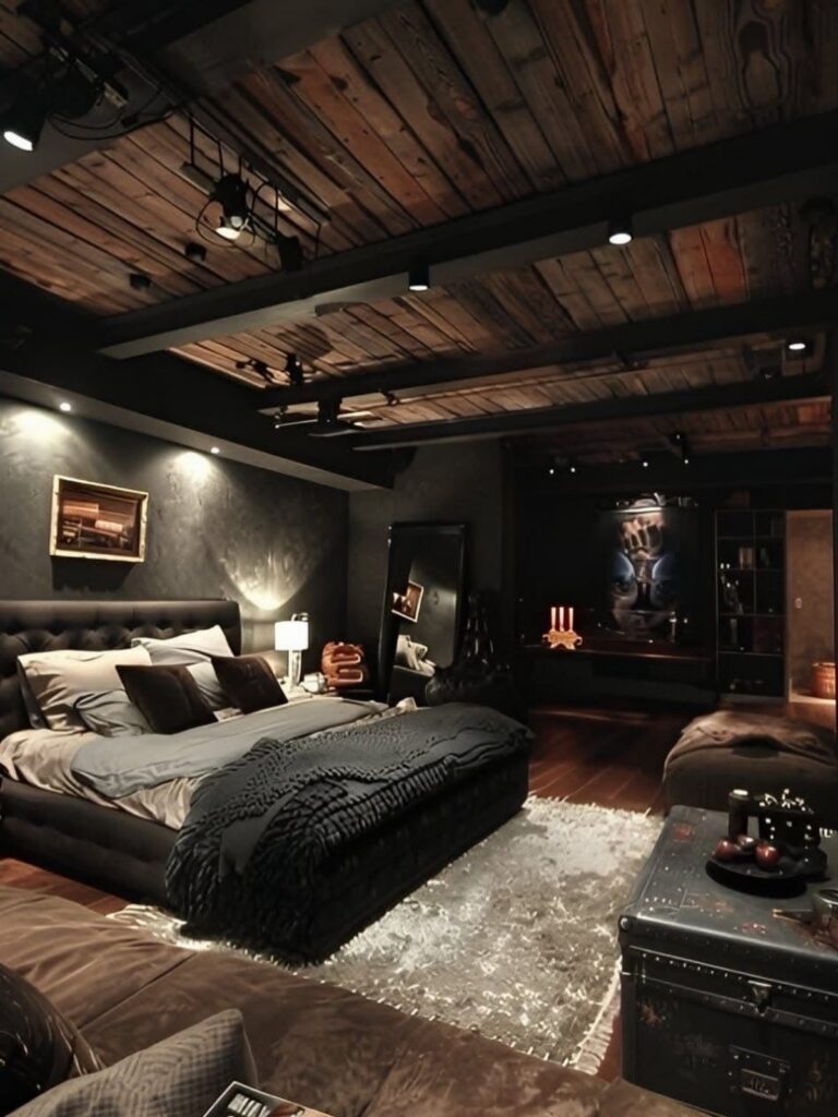 Dark academia bedroom with a black tufted bed, wooden plank ceiling, and moody ambient lighting.
