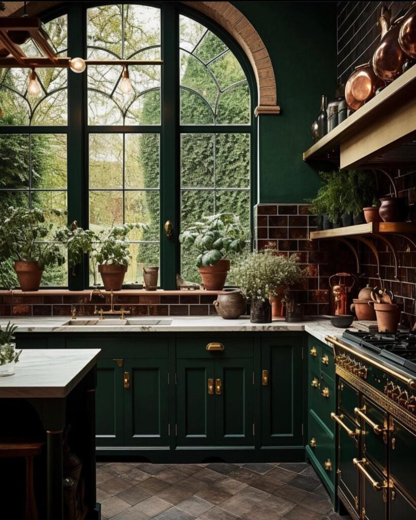 Dark green kitchen cabinets with marble countertops and a large arched window overlooking a garden.
