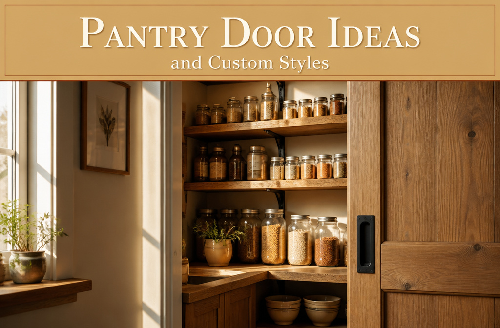 A warm kitchen featuring different styles of pantry doors.