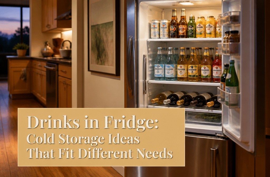 Standard refrigerator with various drinks including milk, soda, and wine.