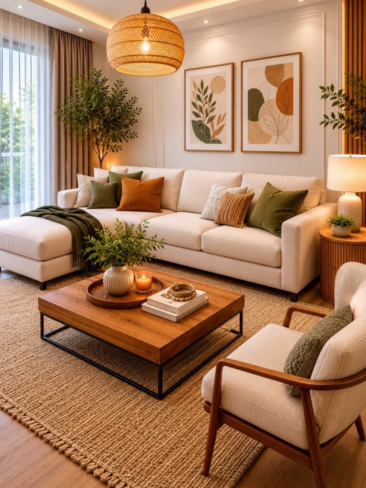 Cream sectional sofa with earth tone pillows in a cozy, modern living room setting.