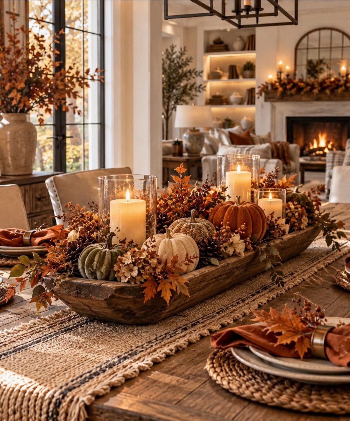 A wooden dough bowl centerpiece with pumpkins, autumn leaves, and lit candles on a table.