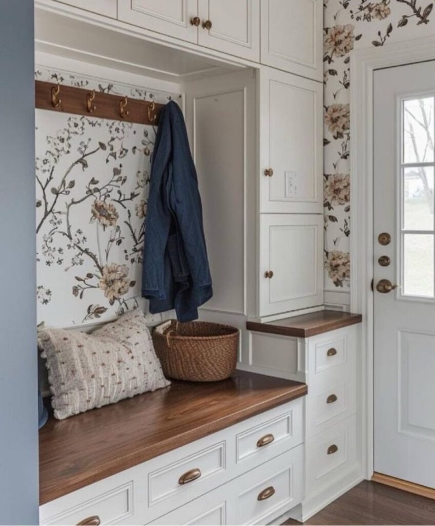 White built-in mudroom bench with wooden top, floral wallpaper, and hanging blue jacket.