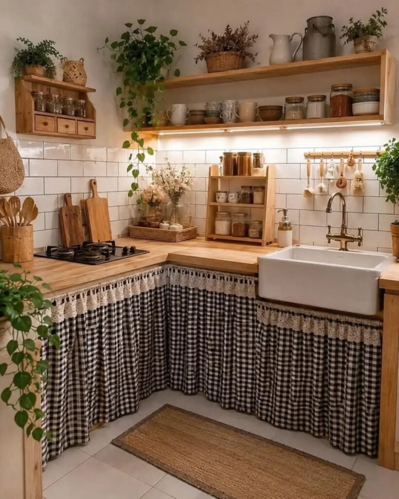 Farmhouse kitchen with wooden counters, gingham fabric cabinet skirts, and open shelving with plants.