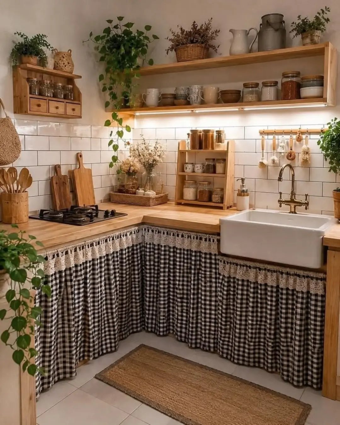 Farmhouse kitchen with wooden counters, gingham fabric cabinet skirts, and open shelving with plants.