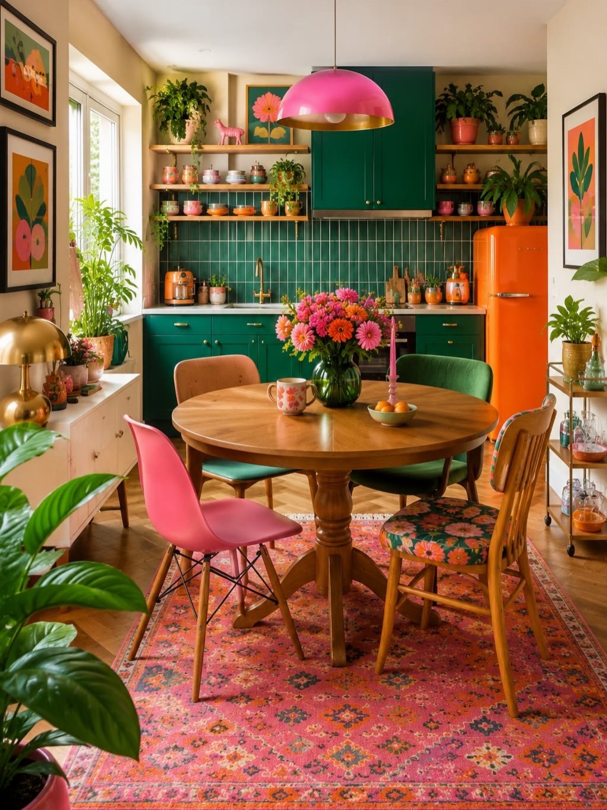 Wooden dining table with mismatched pink, green, and floral vintage chairs on a pink rug.