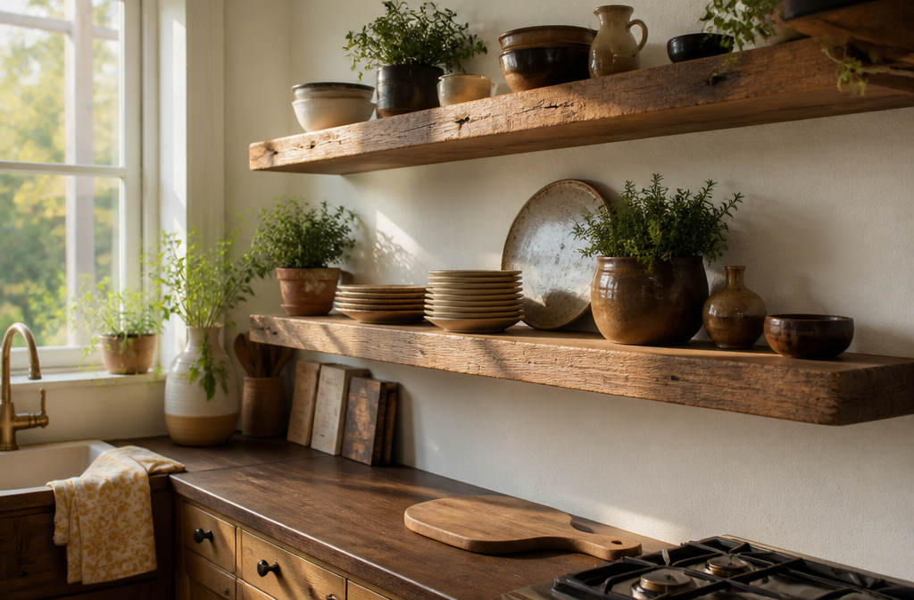 A modern kitchen with various floating shelves displaying kitchenware.