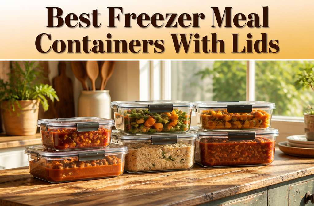 Various freezer meal containers with lids displayed on a kitchen countertop.
