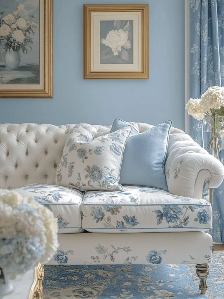 White tufted sofa with blue floral cushions against a light blue wall with framed art.