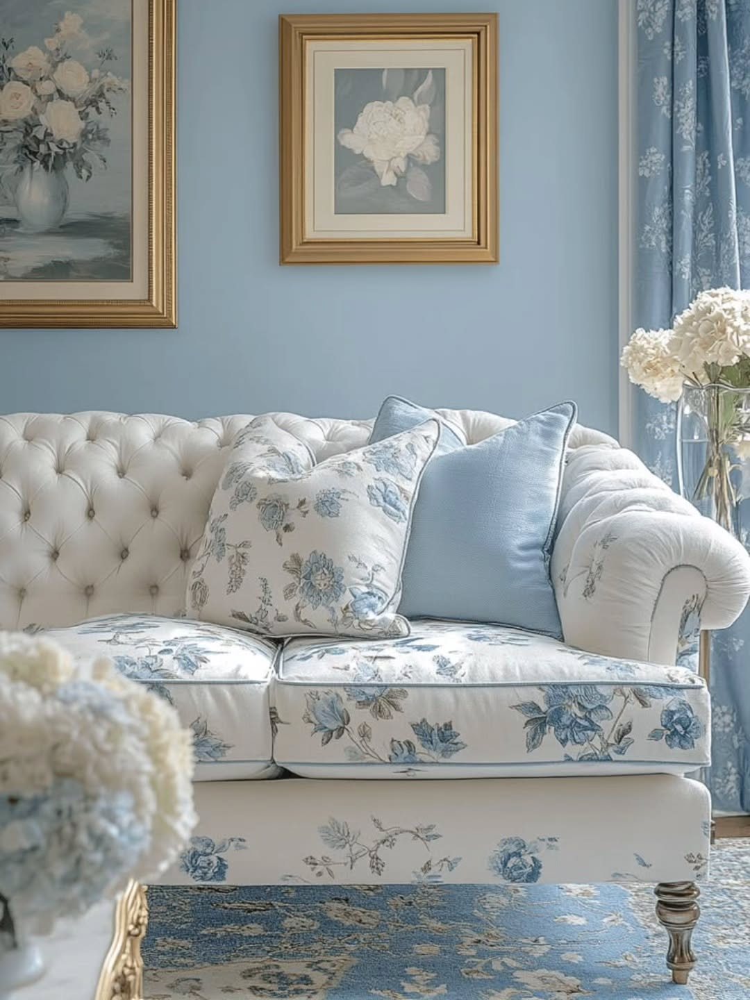 White tufted sofa with blue floral cushions against a light blue wall with framed art.