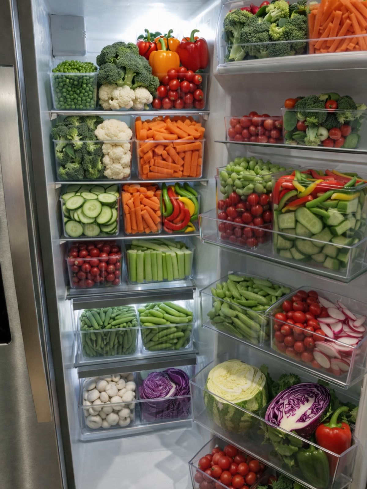 Organized refrigerator shelves filled with clear bins of colorful fresh vegetables and produce.