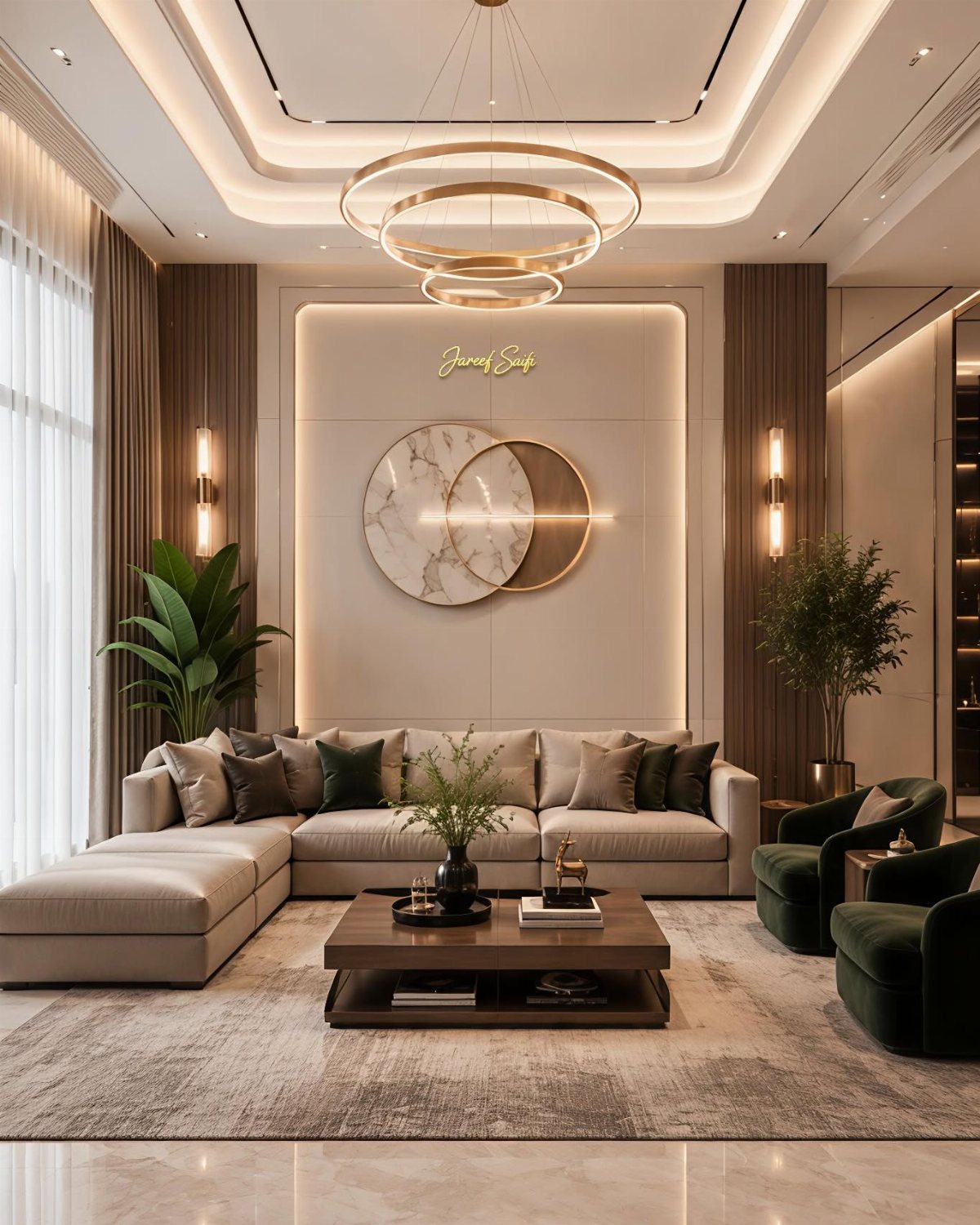 Modern glam living room with a beige sectional, green velvet chairs, and gold ring chandeliers.