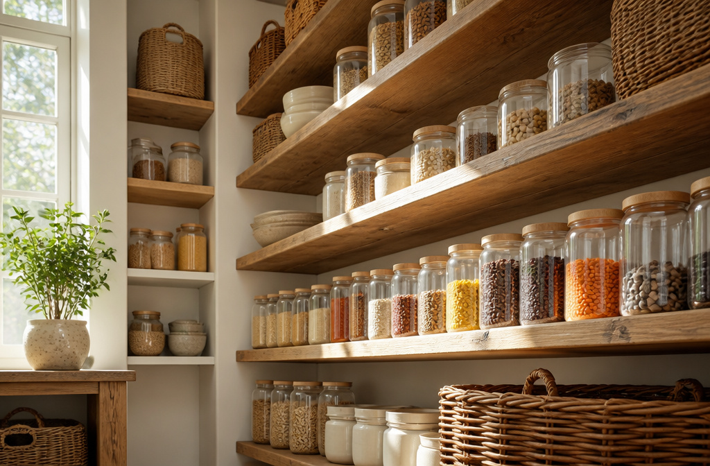 A well-organized pantry with clear containers and labeled jars on wooden shelves.