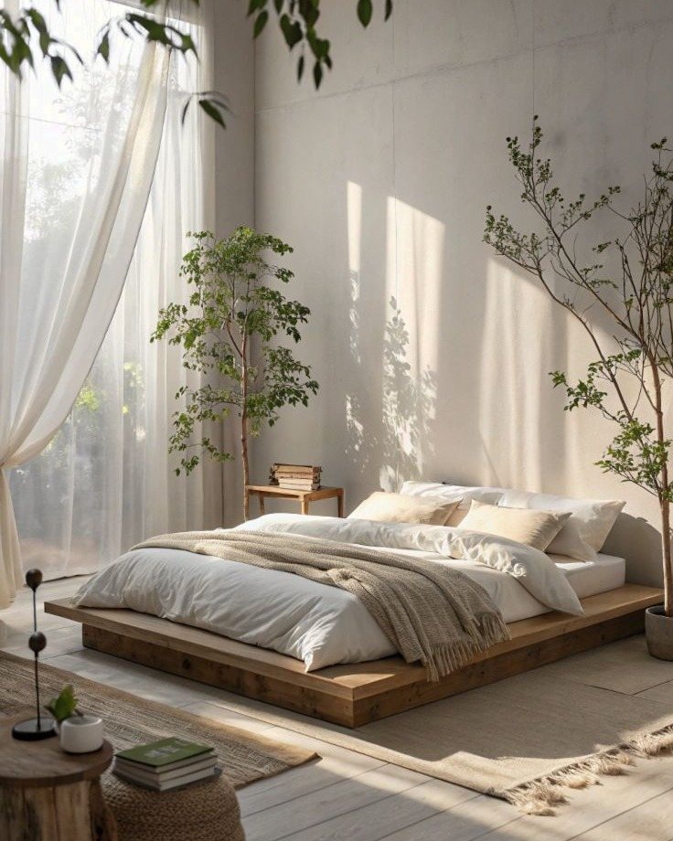 Minimalist Japandi bedroom with a low wooden platform bed and indoor plants in sunlight.