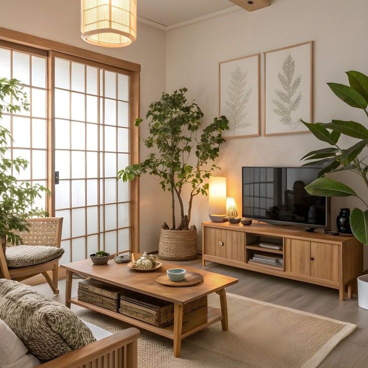 Japandi living room with wooden furniture, shoji doors, indoor plants, and neutral decor.
