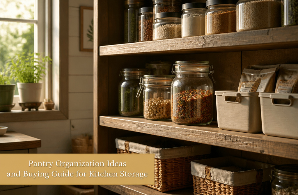 An organized pantry with various storage containers and bins.