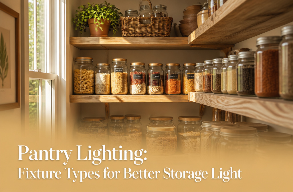 Brightly lit pantry with organized jars and ingredients on wooden shelves.
